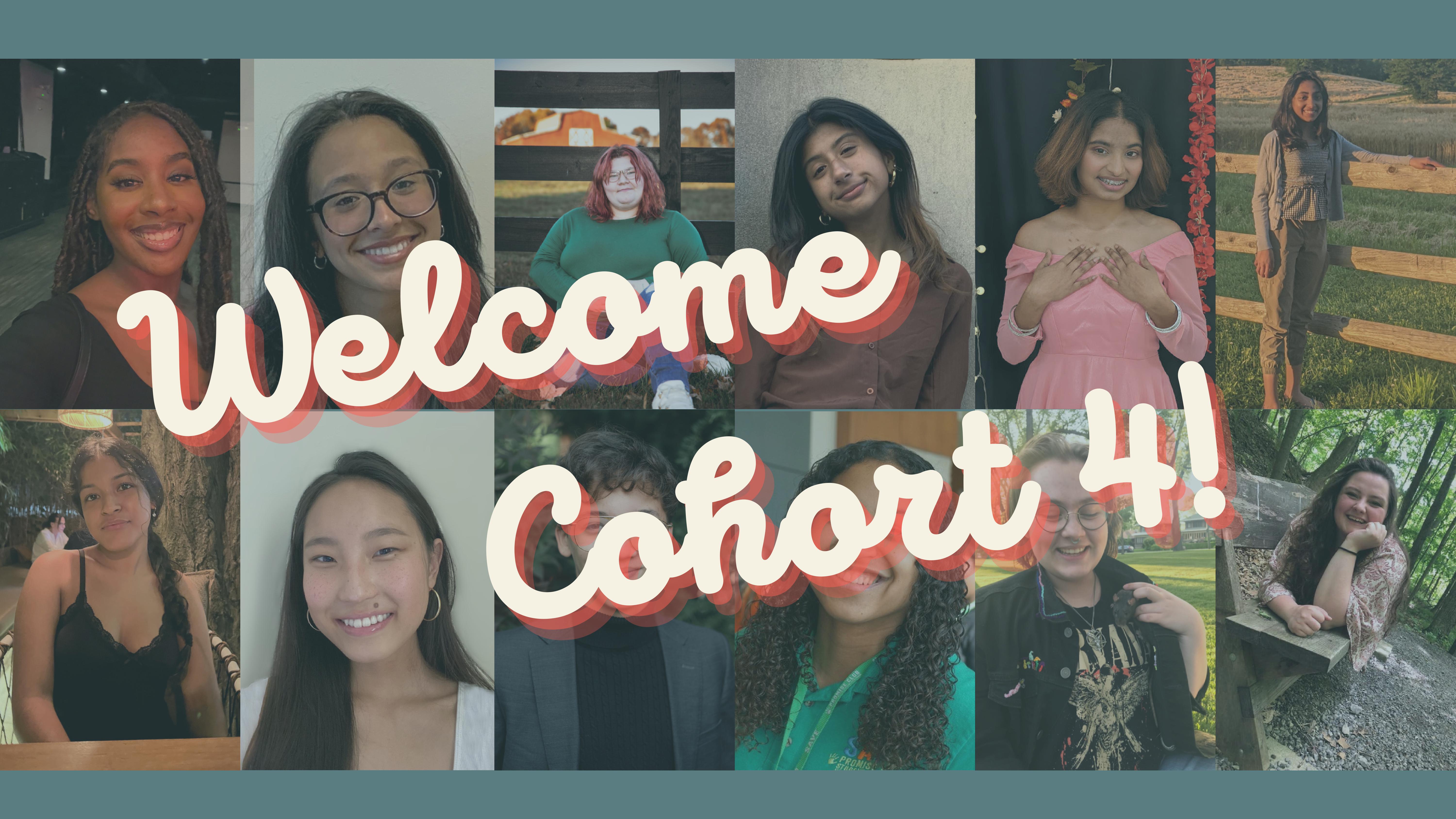 A collage of the 4th Editorial Board Cohort's headshot with the words "welcome cohort 4" on top. 