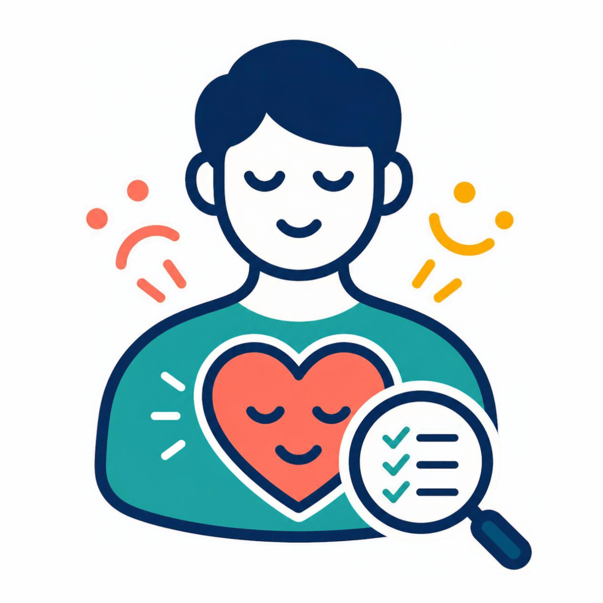 Flat vector illustration depicts a wellness or healthcare concept: smiling person in teal shirt holds a large heart, suggesting compassionate self-care or emotional health. Navy outlines, coral heart, orange and coral accent marks, plus magnifying glass containing teal checkmarks and navy lines emphasize assessment, monitoring, and positive wellness.