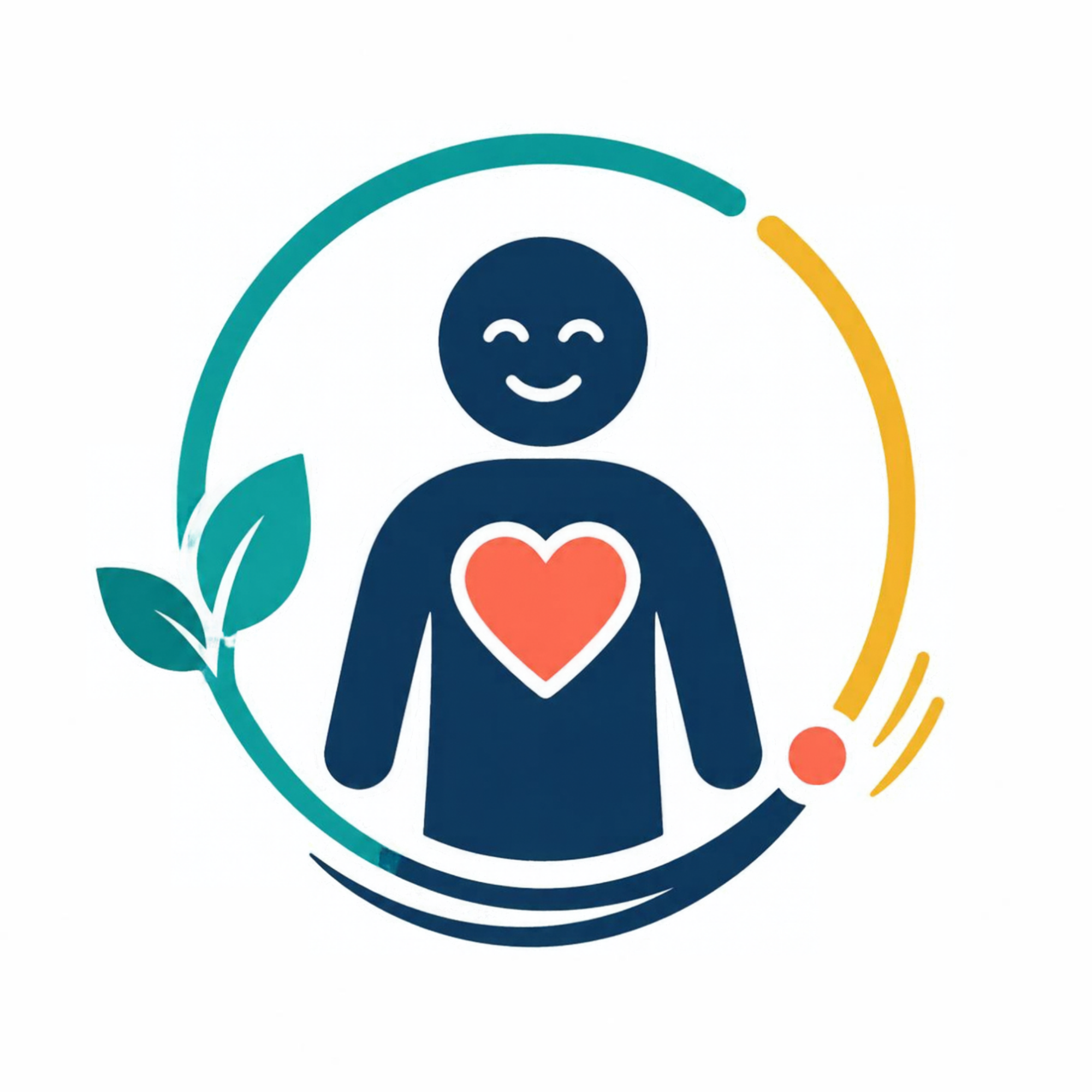 Illustration shows smiling person with coral heart on chest, surrounded by teal leaf motifs and curved circular strokes. Teal and gold accents convey wellness, compassion, and emotional care.