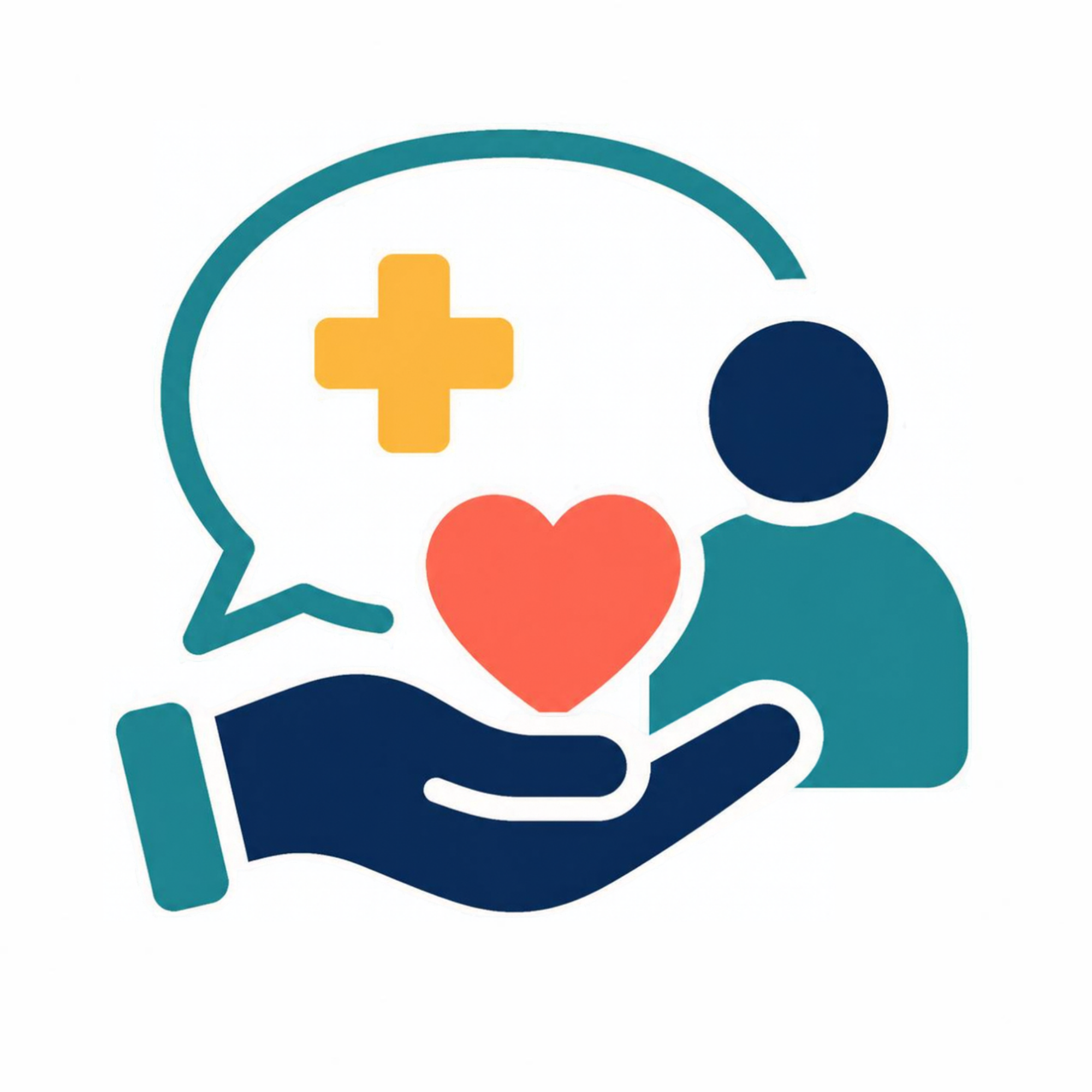 Illustration representing healthcare, medical support, and compassionate care through a person holding a red heart in an outstretched navy hand. Teal speech bubble, yellow medical cross, and simplified teal-and-navy figure reinforce communication, assistance, and wellness.