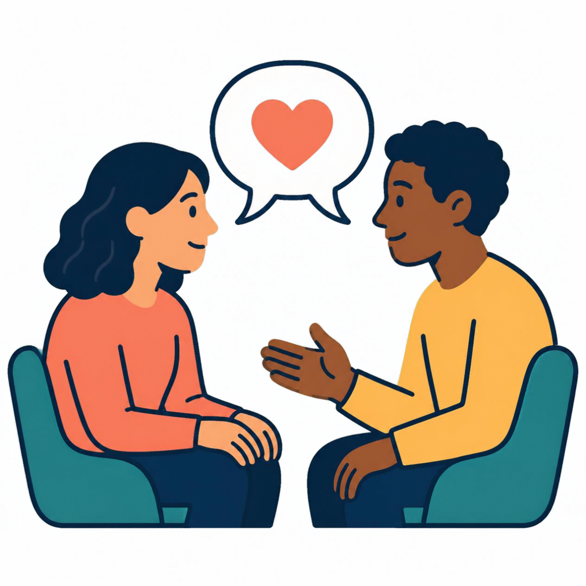 Flat vector illustration depicts a wellness or healthcare concept: smiling person in teal shirt holds a large heart, suggesting compassionate self-care or emotional health. Navy outlines, coral heart, orange and coral accent marks, plus magnifying glass containing teal checkmarks and navy lines emphasize assessment, monitoring, and positive wellness.