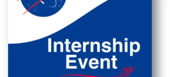 Photo reading "Internship Event Register Now" in white and red letters, on a blue and white background, with the NASA logo in a blue circle in the top left corner. 