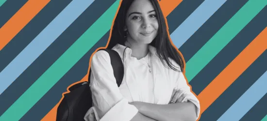 Photograph of a smiling female student with backpack, arms crossed, outlined in orange against diagonal teal, orange, light-blue, and dark-gray stripes. Portrait-style composition conveys confidence and student identity, with grayscale subject contrasting colorful geometric background.