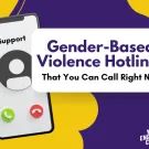 In purple and black text inside a white text bubble it reads "Gender-Based Violence Hotlines That you can Call Right Now". There is a phone screen on the left showing "support" calling. The background is dark purple with yellow spots throughout, and it says "Youth Engaged 4 Change" in the bottom right hand corner. 