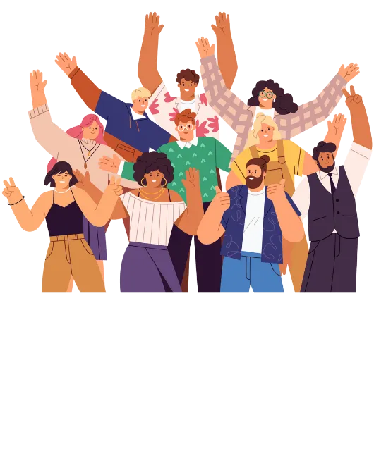 Illustration of 10 diverse people standing and waving.