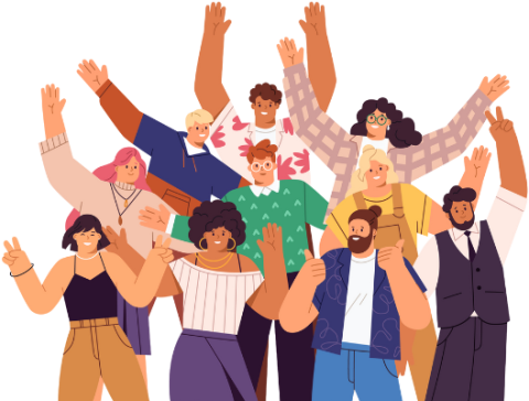 Illustration of 10 diverse people standing and waving.