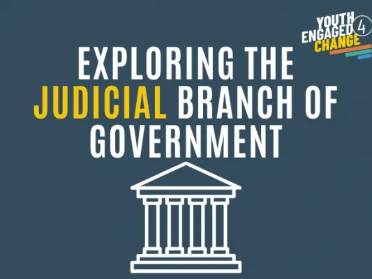 Image of an outline of the U.S. Supreme Court with text, "Exploring the Judicial Branch of Government"