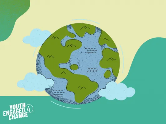 Illustration of the earth with a few clouds, accompanied by the YE4C logo