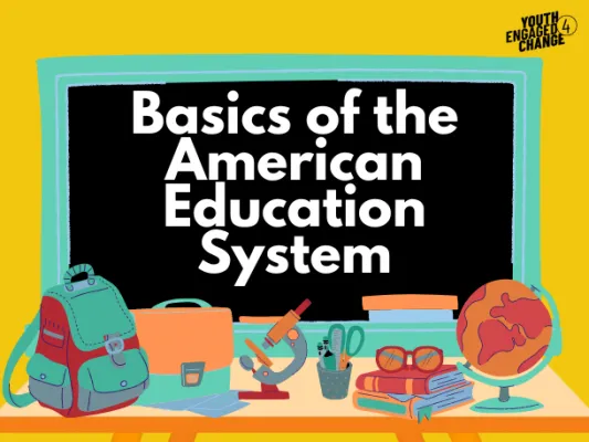 Text in white letters stating "Basics of the American Education System" centered in a black box with a teal blue outline and a yellow background. At the bottom there are items from left to right: backpack, briefcase, telescope, jar with scissors and utensils, glasses, and a globe.