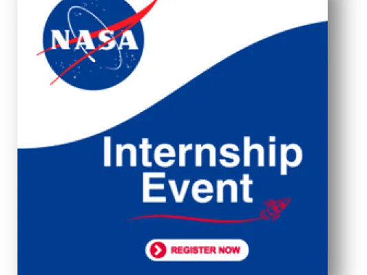 Photo reading "Internship Event Register Now" in white and red letters, on a blue and white background, with the NASA logo in a blue circle in the top left corner. 