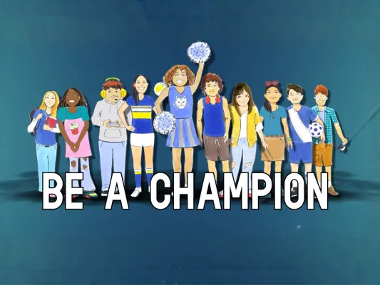 Illustration of 10 youth standing in a row with the words Be a Champion and Truth from Youth below