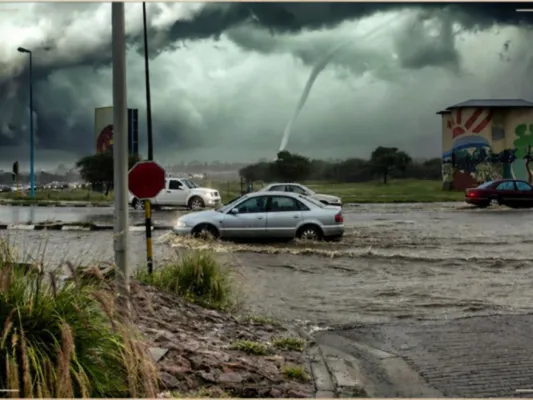 Photograph documenting severe weather, with a tornado forming beneath dark storm clouds behind a flooded roadway. Several cars navigate standing water near a stop sign, utility poles, roadside grasses, and a mural-covered building.
