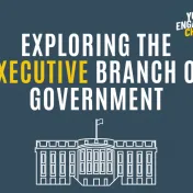 Outline image of the White House, with text "Exploring the Executive Branch of Government"