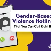 In purple and black text inside a white text bubble it reads "Gender-Based Violence Hotlines That you can Call Right Now". There is a phone screen on the left showing "support" calling. The background is dark purple with yellow spots throughout, and it says "Youth Engaged 4 Change" in the bottom right hand corner. 