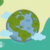 Illustration of the earth with a few clouds, accompanied by the YE4C logo