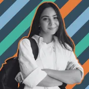 Photograph of a smiling female student with backpack, arms crossed, outlined in orange against diagonal teal, orange, light-blue, and dark-gray stripes. Portrait-style composition conveys confidence and student identity, with grayscale subject contrasting colorful geometric background.