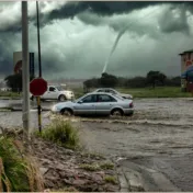 Photograph documenting severe weather, with a tornado forming beneath dark storm clouds behind a flooded roadway. Several cars navigate standing water near a stop sign, utility poles, roadside grasses, and a mural-covered building.